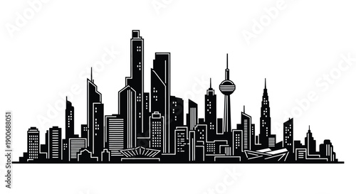 A striking black and white skyline illustration of a modern cityscape