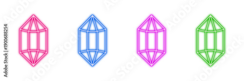 Neon glowing gems vector icons set, crystals, jewels, luminous stones, vibrant colorful digital design illustration on transparent background.