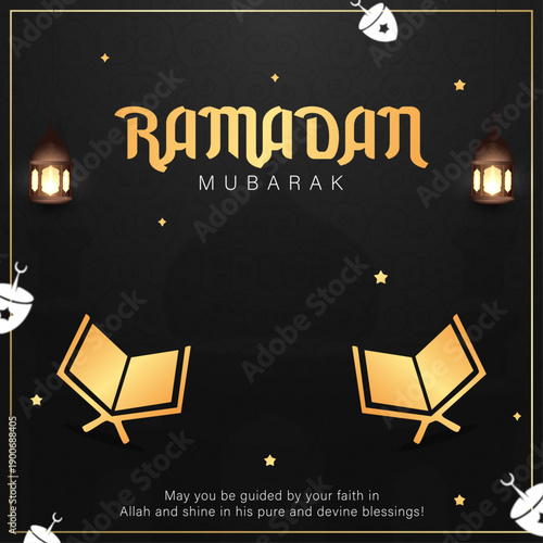 Ramadan Mubarak Luxury Black Gold Background, Elegant Ramadan Mubarak Islamic Greeting Poster, Ramadan Mubarak with Quran and Lanterns, Islamic Ramadan Black Background Golden Design