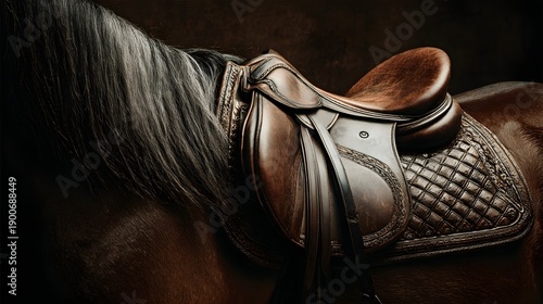 Close-up of a brown leather horse saddle with a dark background and flowing mane.