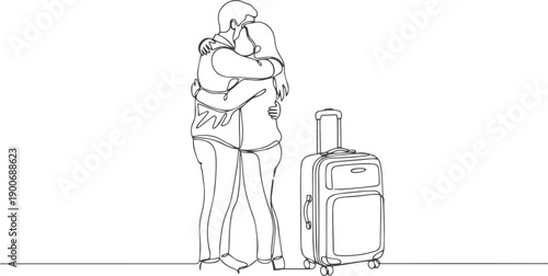 Love and Travel Concept with Couple and Luggage – One Line Drawing Illustration
