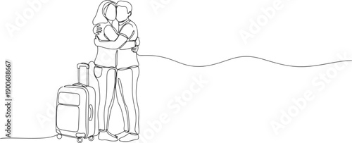 Romantic Travel Moment with Suitcase – Linear Vector Illustration