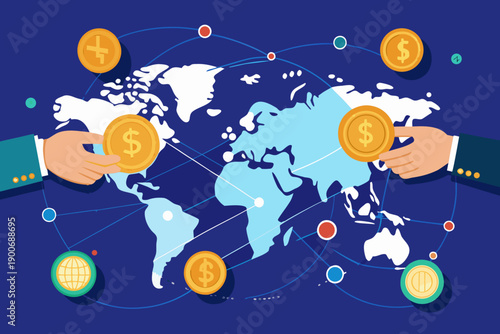 Flat vector illustration of two hands exchanging digital coins across a stylized world map, dotted lines showing connectivity, global remittance and fintech concept.