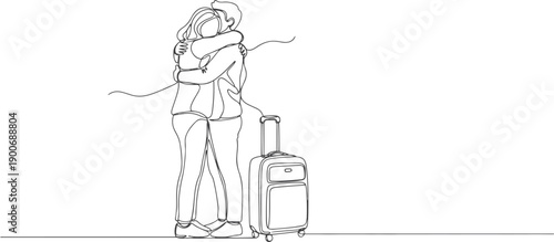 Romantic Farewell or Reunion of Traveling Couple – Minimal Line Art Illustration