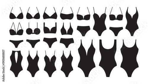 Black lingerie and swimsuit icons set isolated on white background vector graphics