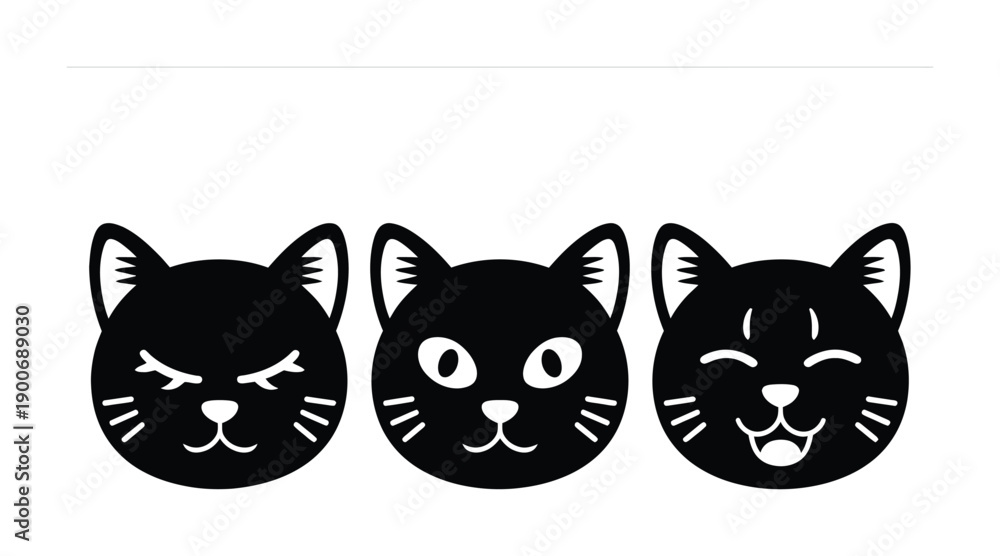 Obraz premium Three Vector illustration Black Cat Faces with Different Expressions