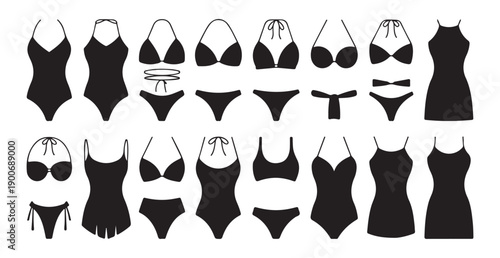 Set of bikini and swimsuit silhouettes for women beachwear collection isolated on white background
