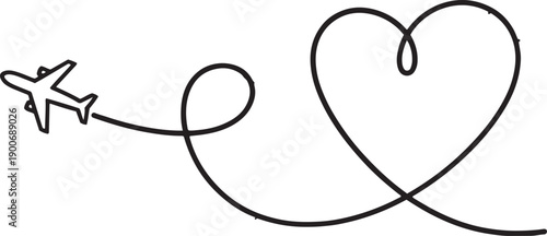 Love airplane travel route, air plane flight route with line trace isolated on white, vector icon Illustration black