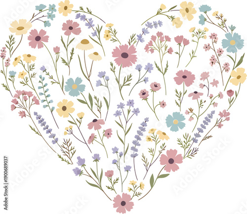 Vector heart-shaped floral arrangement with pink, yellow, blue, and purple flowers, for Valentine's Day or wedding design, Isolated on transparent background, png