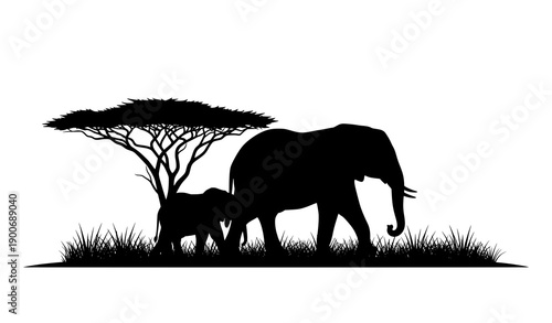 African Elephant Family Silhouette in Savanna Landscape