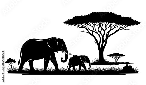 Elephant Mother and Calf Savanna Silhouette Vector Art