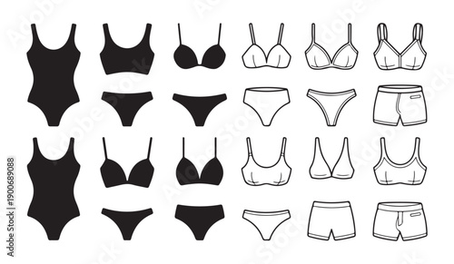 Simple line and silhouette icons of underwear and swimsuits for women and men on white background