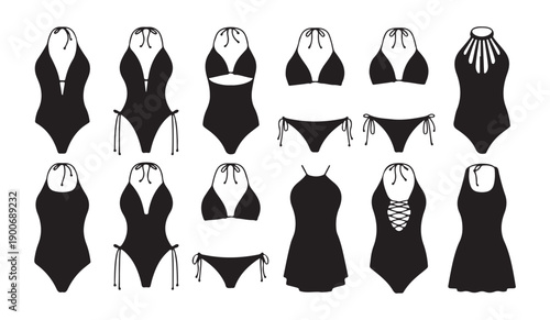 Elegant one piece swimsuits and halter neck bikini silhouettes for summer vacation beach collection