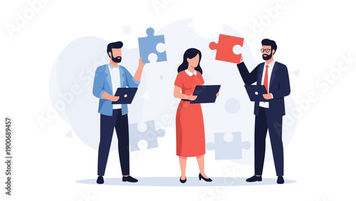 Teamwork collaboration, business people solving puzzle, strategy and success