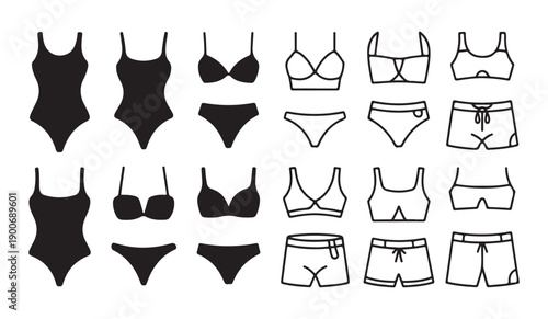Collection of swimsuits and beachwear flat vector icons. Summer fashion symbols for vacation