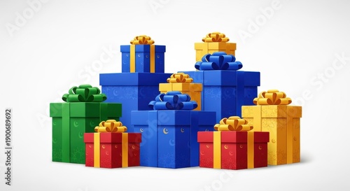 Group of colorful wrapped presents piled together on a white background