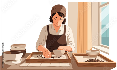 Sorting Coffee Beans on Wooden Trays by the Window