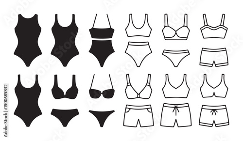 Set of swimsuits and beachwear vector icons. Summer fashion outline symbols for vacation