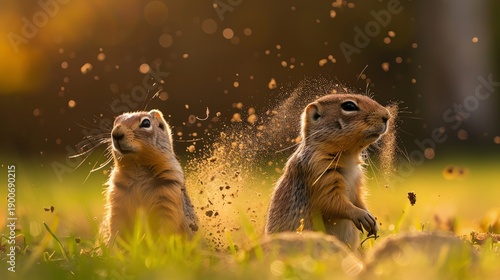 Two playful squirrels in a sunlit field.