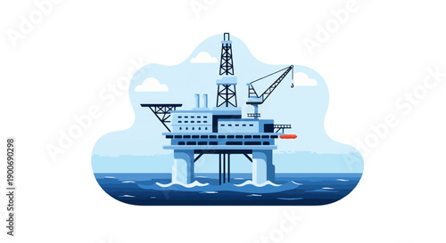 Offshore Oil Rig Ocean Platform Flat Vector Illustration