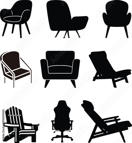 PrintOutdoor Garden and Beach Chair Silhouettes Vector, Deck Chair, Folding, and Adirondack Furniture Icons for Summer Design.Collection of antique furniture silhouettes including chairs tables