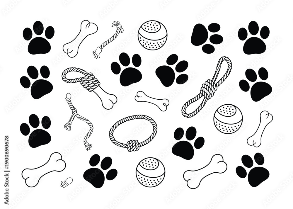 Fototapeta premium Vector illustration Black and White Dog Paw Prints, Bones, and Rope Toys Pattern