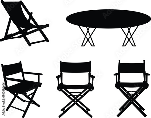 PrintOutdoor Garden and Beach Chair Silhouettes Vector, Deck Chair, Folding, and Adirondack Furniture Icons for Summer Design.Collection of antique furniture silhouettes including chairs tables
