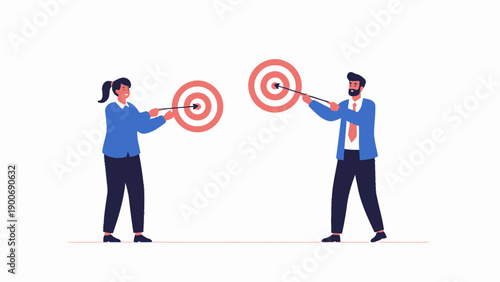 Business competition, teamwork, and strategy concept with two people aiming at targets