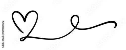 Heart love line swirl set. Love heart swirl calligraphy hand drawn icon shape wedding graphic element. Hand drawn flourish ribbon elegant ornament, calligraphic text border. Vector illustration