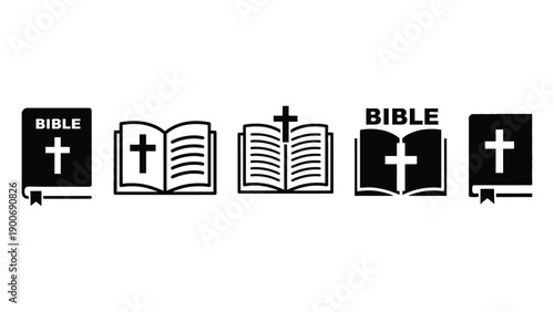 A collection of Christian symbols and Bible icons on a white background