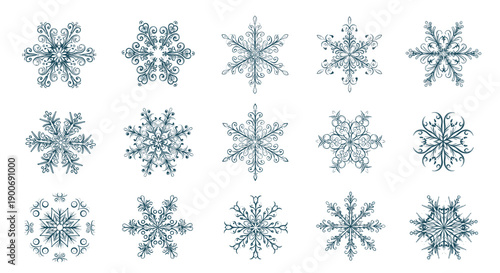Elaborate collection of fifteen unique blue snowflake designs featuring intricate lace-like patterns and geometric symmetry on a white background.