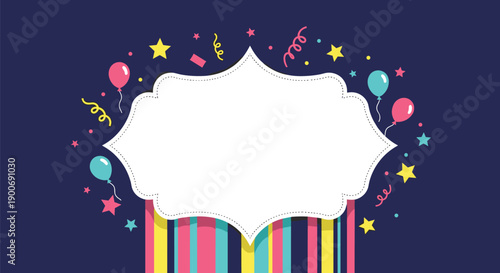 Festive celebration frame with balloons, confetti, and stars on navy blue background for birthday party invitation card design.