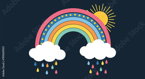 Colorful hand drawn rainbow with sun and rain clouds on dark background for children nursery room wall art decoration.