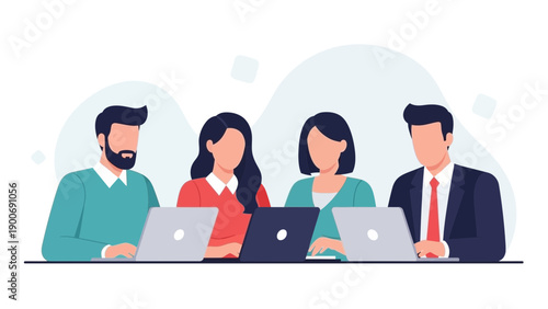 Diverse team collaborating on laptops in modern office meeting