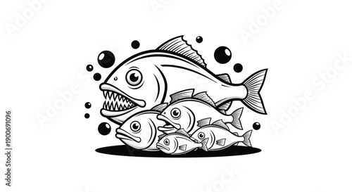 Detailed group of diverse fish characters with sharp teeth and bubbles in a stylized black and white illustration for marine life themes.