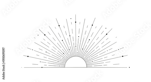 Minimalist line art illustration of half sun with rays and decorative dots on white background for modern home wall decor.