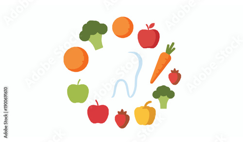 Healthy tooth with fresh fruits and vegetables isolated on white background vector illustration