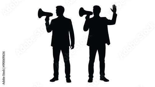 Two silhouetted figures holding megaphones one waving against a white background