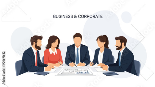 Diverse business team meeting around conference table, discussing strategy, corporate concept
