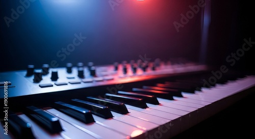Electric piano keys illuminated with vibrant stage lighting