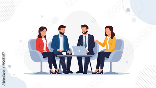 Business meeting illustration: Diverse team collaborating around a laptop