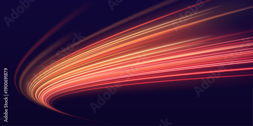Blazing tangerine speed lines race forward with radiant neon glow and smooth motion blur. A striking futuristic illustration of high-velocity energy and dynamic motion vector