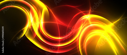 Bright abstract waves, vibrant yellow, red hues. Dynamic energy radiates from flowing lines, dark background contrasts luminosity.