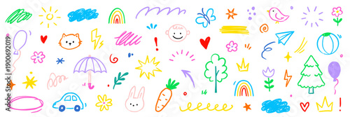 Kid cute baby childish element set. Cute kid school doodle sketch rainbow, sun, cloud background. Children preschool cartoon icons with happy face, house, tree, bird and heart. Vector illustration