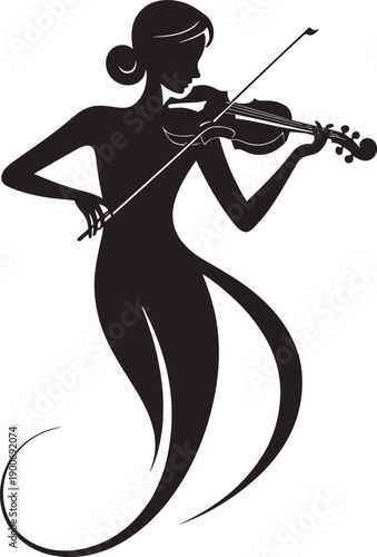 Woman playing violin, elegant silhouette illustration with dynamic lines on transparent background