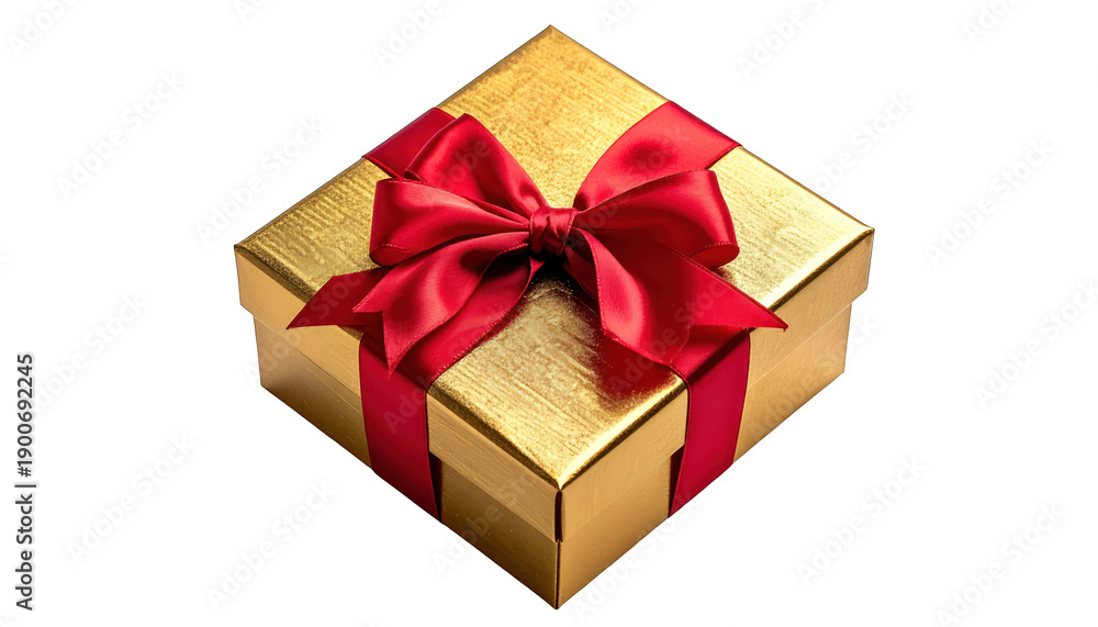 Obraz premium A golden gift box, tied with a vibrant red ribbon bow, on a black background