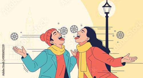 Two cheerful friends bundled in warm winter attire joyfully catch falling snowflakes under a streetlamp in a festive urban setting.