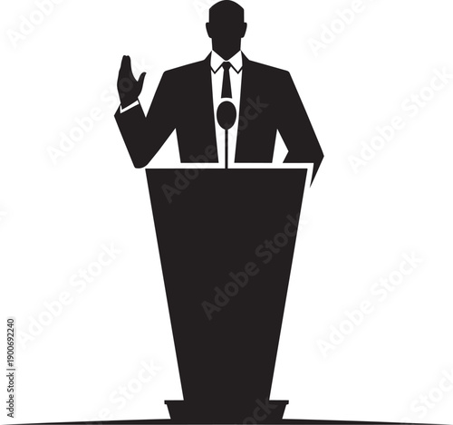 Male speaker standing behind podium giving speech illustration, black silhouette on checkered background