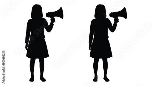 Two identical silhouettes of girls holding megaphones facing forward high quality