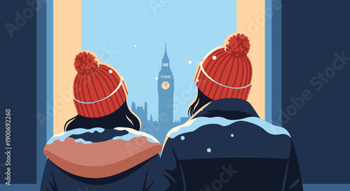 A couple wearing warm winter hats gazes out at the iconic Big Ben in a snowy London cityscape, enjoying a romantic winter travel experience.